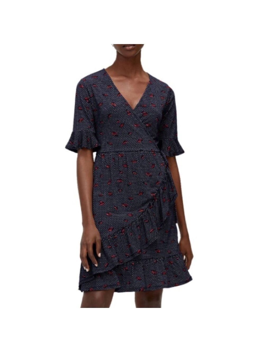 Warehouse Red Lips Printed Blue Wrap Dress,-Size 6